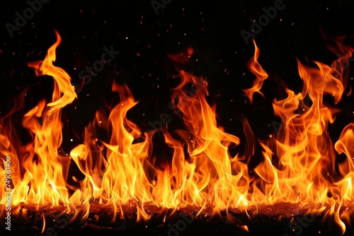 Close-up, Burning fire isolated on dark backdrop, seamless background