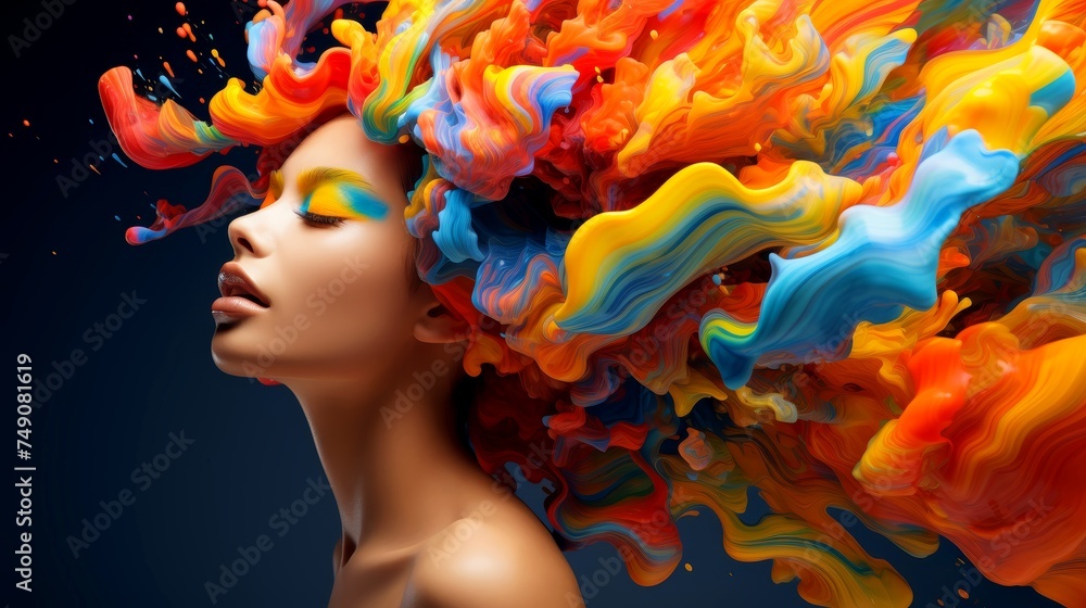 Woman face adorned with flowing paint art, multicolor explosion,Depicts abstract creative mind with psychic waves - obrazy, fototapety, plakaty 