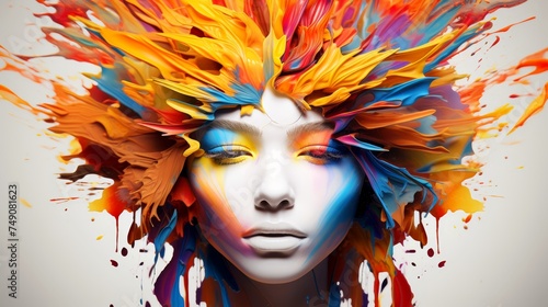 Woman face adorned with flowing paint art  multicolor explosion Depicts abstract creative mind with psychic waves