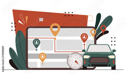 Carpool navigator concept. Travel and trip. Mobile application with map for tourists and travelers. Car with geolocation. Cartoon flat vector illustration isolated on white background