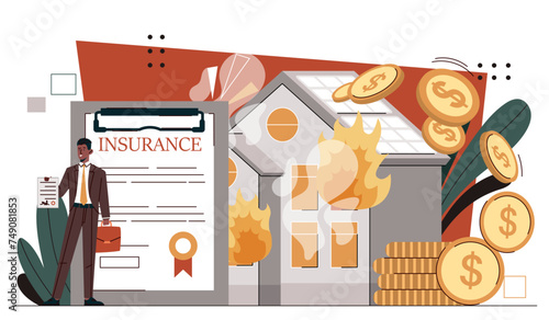 Man with fire insurance. Businessman with briefcase near home in flame. Guy with contract and golden coins. Financial deal and agreement. Cartoon flat vector illustration isolated on white background