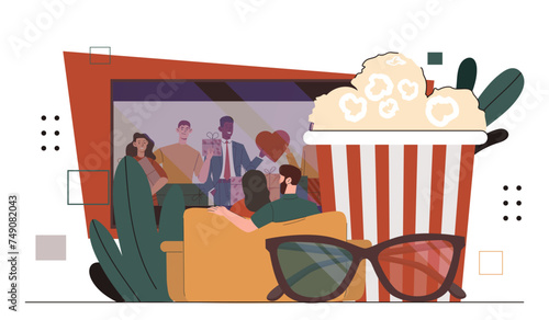People in home cinema. Man in woman at armchair sit and watch movie. Basket with pop corn and 3d glasses. Entertainment and leisure. Cartoon flat vector illustration isolated on white background