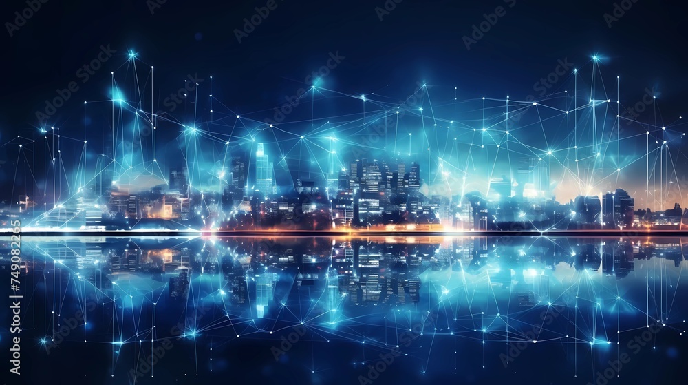 Digital connection lines and dots against night cityscape with skyscrapers
