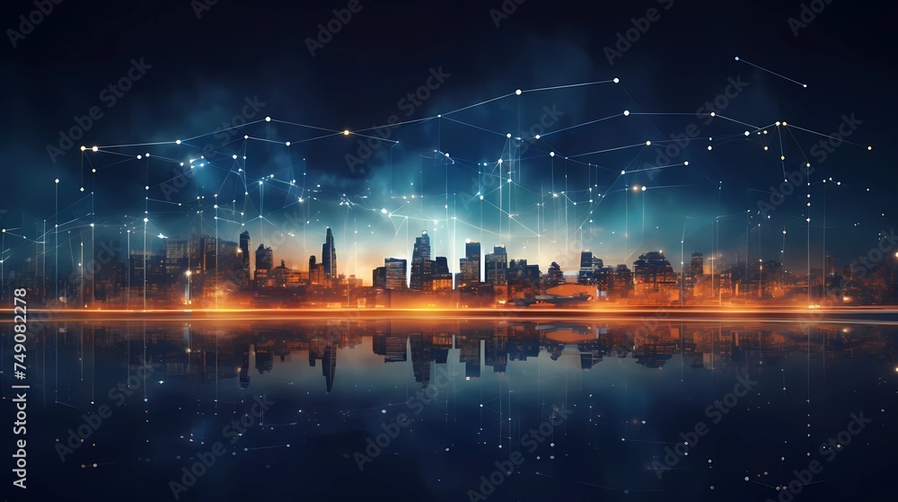 Abstract night city background with glowing lines and bokeh