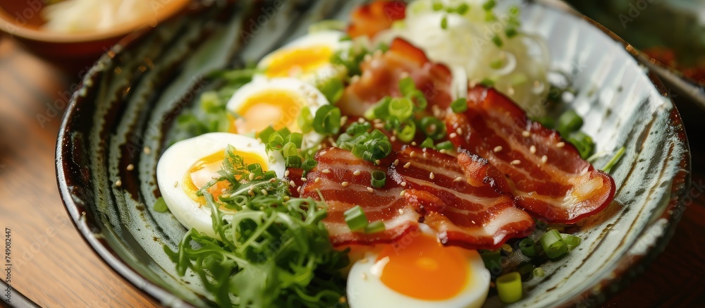 A close-up view of a plate filled with crispy bacon strips, creamy boiled egg whites, and flavorful onions, all perfectly arranged and ready to be enjoyed.