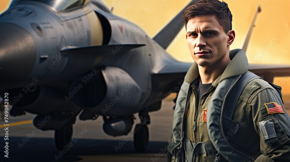 Portrait of a pilot next to a fighter plane Portrait of a pilot next to a fighter plane