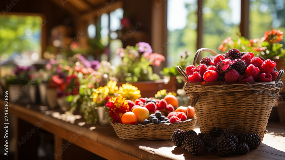 Summer Harvest: Basket of Fresh Berries on a Market Table Summer Harvest: Basket of Fresh Berries on a Market Table