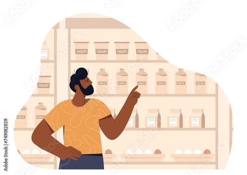 Dairy products in store. Man choose milk and cottage cheese, yoghurt. Drinks with protein. Healthy eating and nutrition, proper diet. Cartoon flat vector illustration isolated on white background