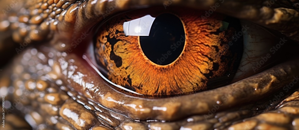 A detailed view of the eye of an alligator, showcasing the intricate patterns of its iris and the sharpness of its pupil. The eye is a key feature in the alligators hunting and survival abilities.
