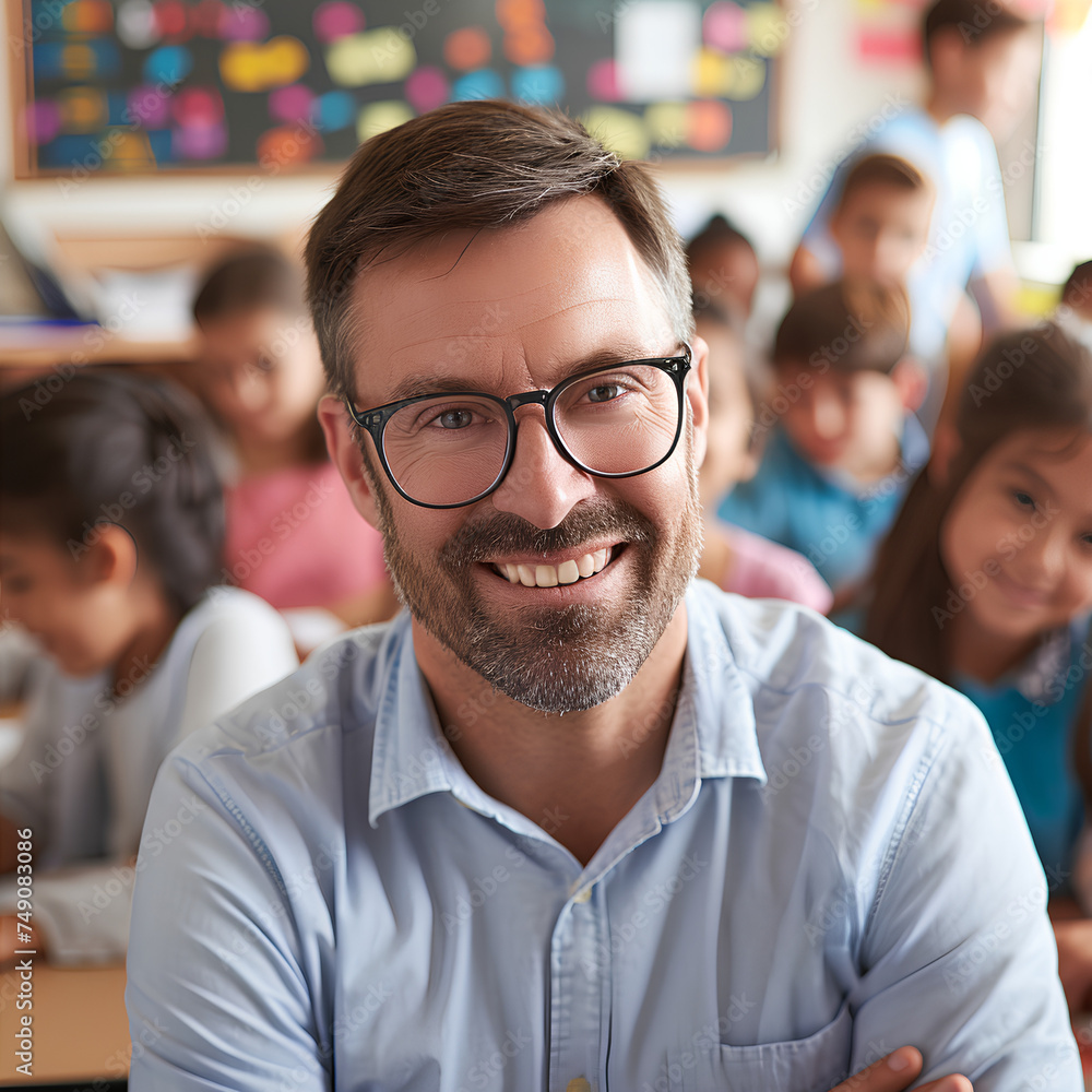 Portrait of smiling male teacher in a class at elementary school looking at camera with learning students on background Portrait of smiling male teacher in a class at elementary school looking at camera with learning students on background