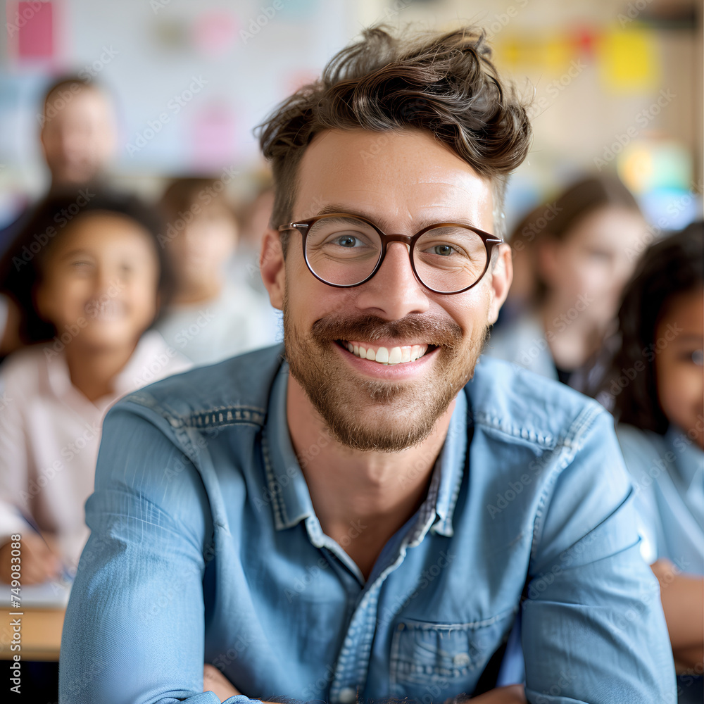 Portrait of smiling male teacher in a class at elementary school looking at camera with learning students on background Portrait of smiling male teacher in a class at elementary school looking at camera with learning students on background