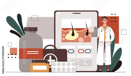 Dermatologist with pills. Man in medical coat with blisters with tablets. Health care and medicine. Skin care specialist. Cartoon flat vector illustration isolated on white background