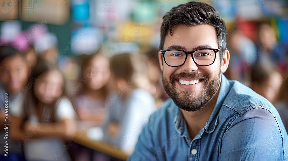 Portrait of smiling male teacher in a class at elementary school looking at camera with learning students on background Portrait of smiling male teacher in a class at elementary school looking at camera with learning students on background