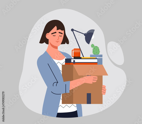 Dismissed employee concept. Sad woman with cardboard box with items. Worker fired from work, jobless young girl. Manager in trouble. Cartoon flat vector illustration isolated on grey background