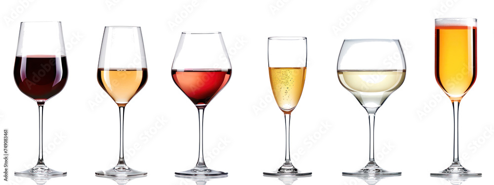 Row of Wine Glasses Filled With Different Types of Wine Generative AI - obrazy, fototapety, plakaty 