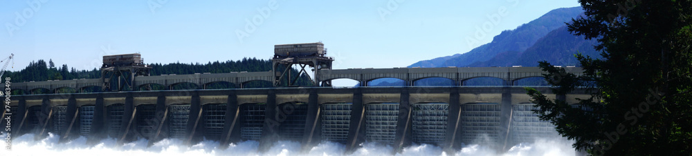 Water spills through the turbines of the  Bonneville Dam