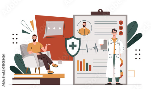 Doctors online consultation. Medical worker with patients cards. Health care, diagnosis and treatment. Mobile application for remote communication. Cartoon flat vector illustration