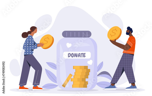 People with donation jar. Man and woman with golden coins. Activists and volunteers with money. Charitable foundation. Kindness and generosity, care. Cartoon flat vector illustration