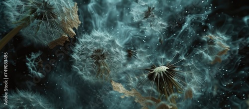 A cluster of dandelions being carried by the wind, creating a whimsical sight as they drift through the air. © AkuAku