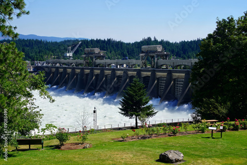 Water spills through the turbines of the Bonneville Dam