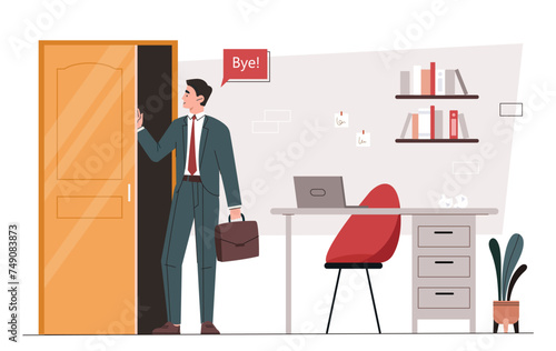 End of working day concept. Businessman with briefcase go to exit. Worker or employee near doorway. Entrepreneur leave workplace. Cartoon flat vector illustration isolated on white background