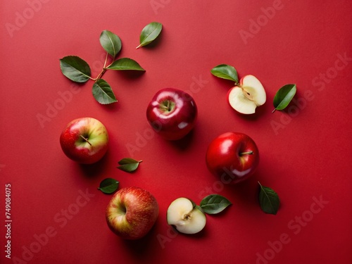 Fresh red apples and pieces and leaves on red color background