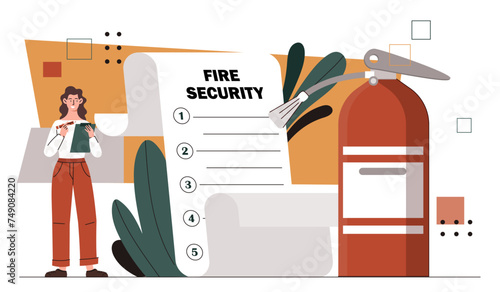Fire security woman. Young girl with notepad and fire extinguisher. Worker with rules and regulations. Prevention of accidents. Cartoon flat vector illustration isolated on white background