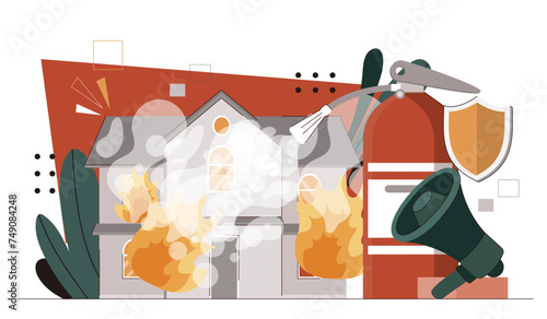Firefighter extinguishing concept. Flame at home. Accident and disaster. Water to protect private property. Safety and protection. Cartoon flat vector illustration isolated on white background