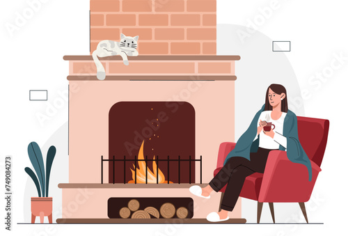 Woman near fireplace concept. Young girl sitting at armchair with cup of hot drinks. Comfort and coziness indoor. Christmas and New Year. Cartoon flat vector illustration isolated on white background