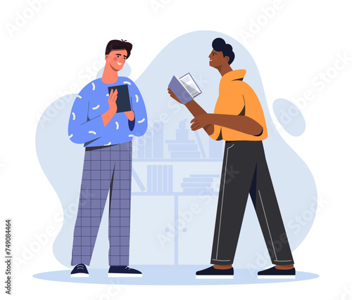 Friends discussing books concept. Two young guys with textbooks or fiction. Discussion about stories. People with love for literature and reading. Cartoon flat vector illustration