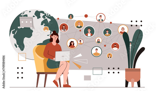 Woman with friends online. Young girl with laptop communicate with users in social networks. Distant interaction and communication. People chatting in messengers. Cartoon flat vector illustration