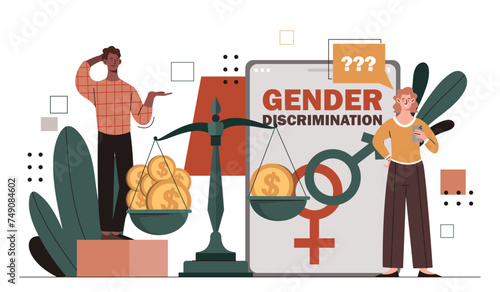 Gender discrimination concept. Man near golden coins and woman without salary. Career problems for women. Stop sex discrimination. Cartoon flat vector illustration isolated on white background