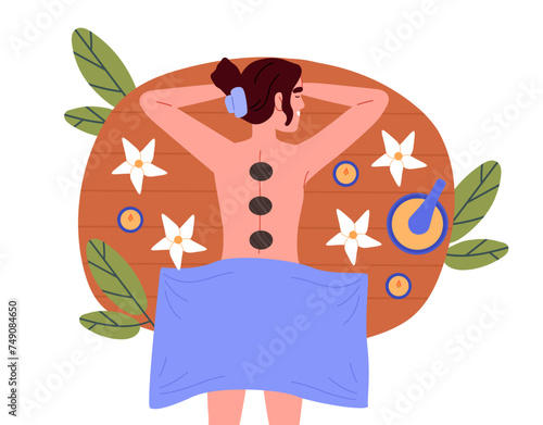 Woman with massage concept. SPA procedures. Relaxation and wellbeing. Skin care treatment. Girl with flowers, candles and stones. Cartoon flat vector illustration isolated on white background