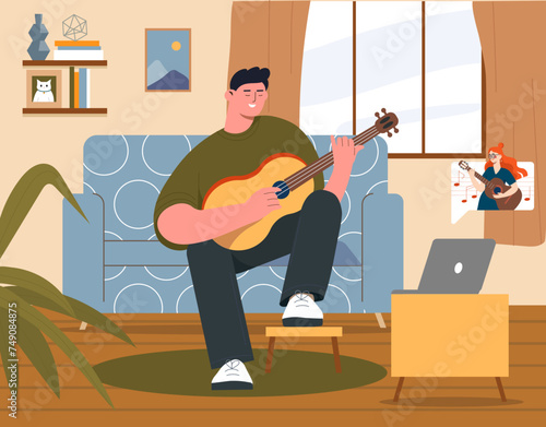 Guitarist at home concept. Man playing and guitar and sitting indoor. Talented musician singing and rehearsing. Creativity and art. Hobby and leisure. Cartoon flat vector illustration