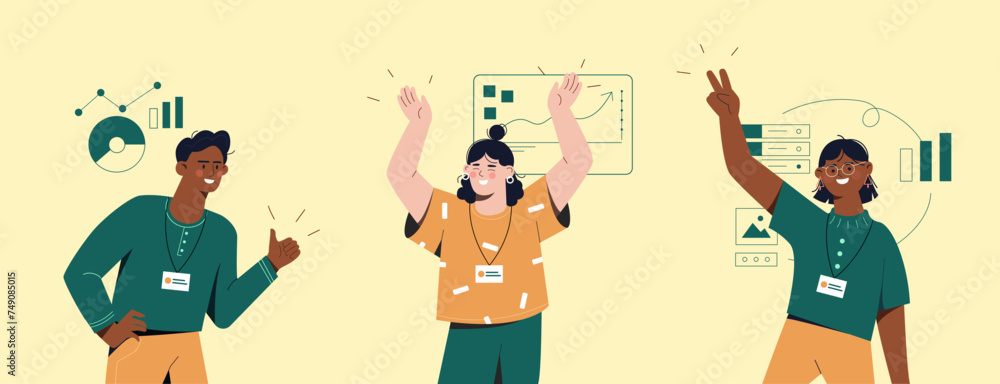 Happy employees work at common project. Man and women with graphs and diagrams. Colleagues and partners. Collaboration and cooperation. Cartoon flat vector illustration isolated on beige background Happy employees work at common project. Man and women with graphs and diagrams. Colleagues and partners. Collaboration and cooperation. Cartoon flat vector illustration isolated on beige background