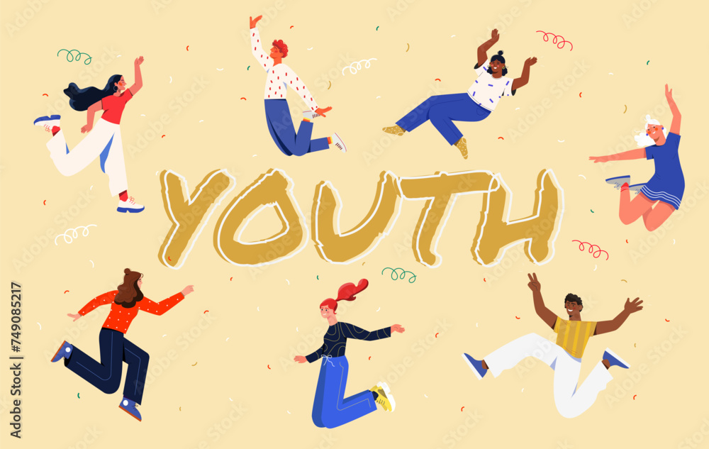 Happy young people concept. Men and women dancing at youth inscription. Positive emotions and optimism, happiness. Poster or banner for website. Cartoon flat vector illustration