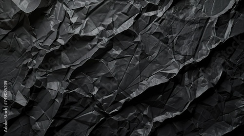 A crumpled paper background displays a soft black creating a visually intriguing and unique texture. Black paper background with folds and wrinkles in a rustic feel.