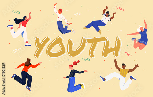 Happy young people concept. Men and women dancing at youth inscription. Positive emotions and optimism  happiness. Poster or banner for website. Cartoon flat vector illustration