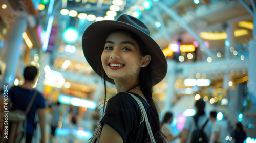 Stylish Young Woman Smiling in a Vibrant Shopping Mall