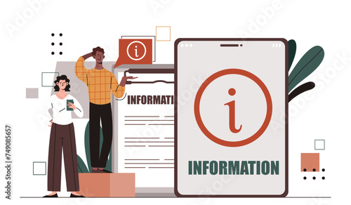 People near information center. Man and woman near digital tablet. Rules and regulation. Guidebook and manual for users. Cartoon flat vector illustration isolated on white background