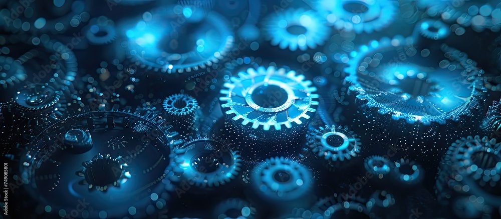 Abstract Digital Artwork of Interconnected Gears Illuminated by Ethereal Blue Light Creating a Mesmerizing Futuristic Composition Evoking Notions of Technology Innovation and Progress Abstract Digital Artwork of Interconnected Gears Illuminated by Ethereal Blue Light Creating a Mesmerizing Futuristic Composition Evoking Notions of Technology Innovation and Progress