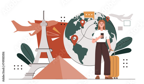 International tourism concept. Woman with smartphone and luggage near Eiffel Tower. Holiday and vacaton in France and Paris. Cartoon flat vector illustration isolated on white background