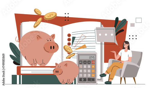 Woman with investment economy. Young girl stting near piggy banks and calculator. Trader and investor with budget. Financial literacy and passive income. Cartoon flat vector illustration