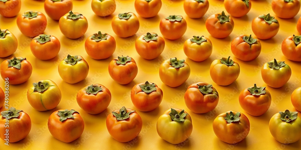 Many sweet ripe persimmons on yellow background Many sweet ripe persimmons on yellow background