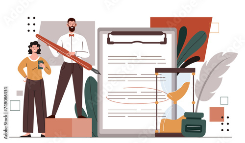 Manager prioritizing concept. Task and time management, organizing effective work process. Man and woman work at common project. Deadline setting. Cartoon flat vector illustration