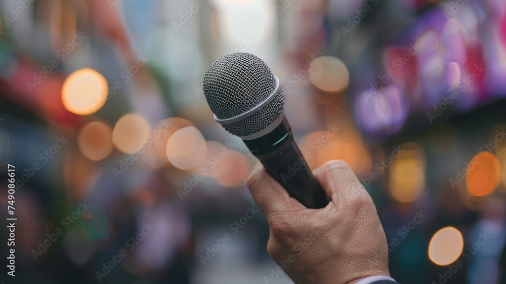 Reporter holding a microphone preparing for an interview - A close-up ...