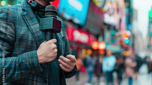 Journalist reporting live from a crowded street - Reporter with a microphone conducting a live broadcast in the hustle and bustle of a neon-lit urban street scene photo