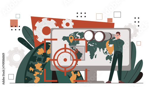 Man with military objects. Young guy stand with binoculars at background of world map. Tent for soldiers and army forces. Cartoon flat vector illustration isolated on white background