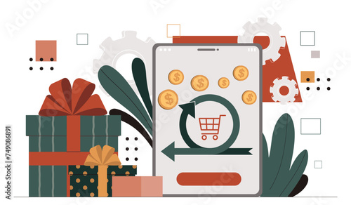 Mobile banking cashback. Smartphone with golden coins near gift boxes with presents. Electronic commerce and marketing. Gifts and rewards for clients. Cartoon flat vector illustration