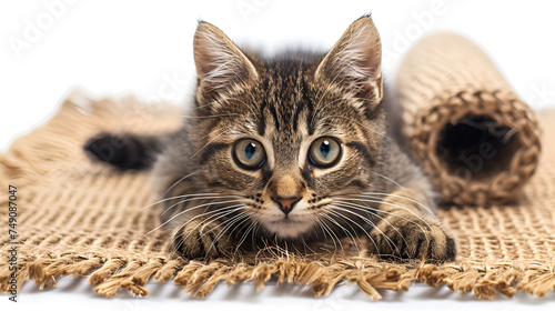 Cute brown tabby cat kitten scratching mat isolated on white background. generative ai 